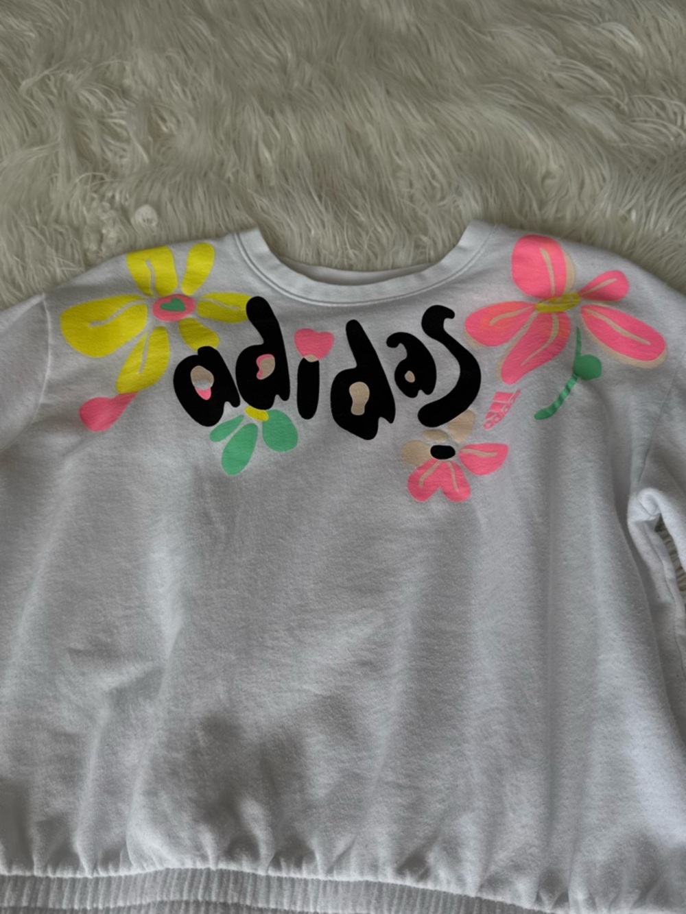 adidas White Pullover Sweatshirt with Neon Floral Print - Picture 2 of 11